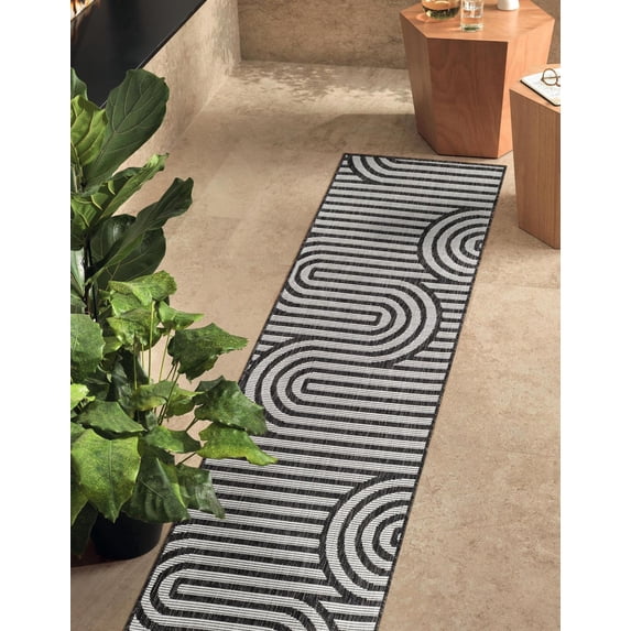Unique Loom Outdoor Modern Collection Area Rug - Nyx (2' 7" x 12' Runner Black and White)