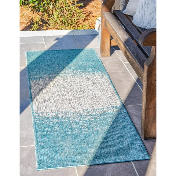 Unique Loom Outdoor Modern Collection Area Rug - Ombre (2' x 6' 1" Runner Aqua/Ivory)