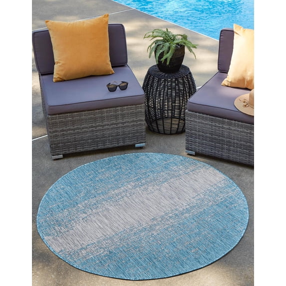 Unique Loom Outdoor Modern Collection Area Rug - Ombre (4' 1" Round Aqua/Ivory)