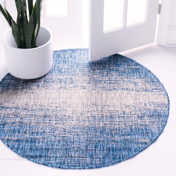 Unique Loom Outdoor Modern Collection Area Rug - Ombre (4' 1" Round Blue/Ivory)
