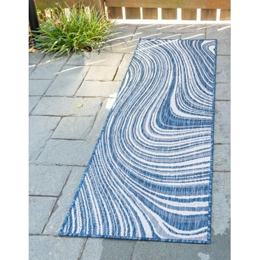 Unique Loom Outdoor Modern Collection Area Rug - Pool (2' x 6' 1" Runner Blue/Ivory)