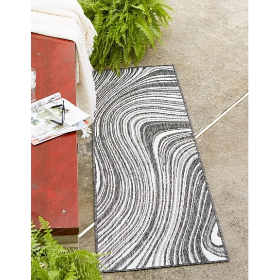 Unique Loom Outdoor Modern Collection Area Rug - Pool (2' x 6' 1" Runner Charcoal/Gray)