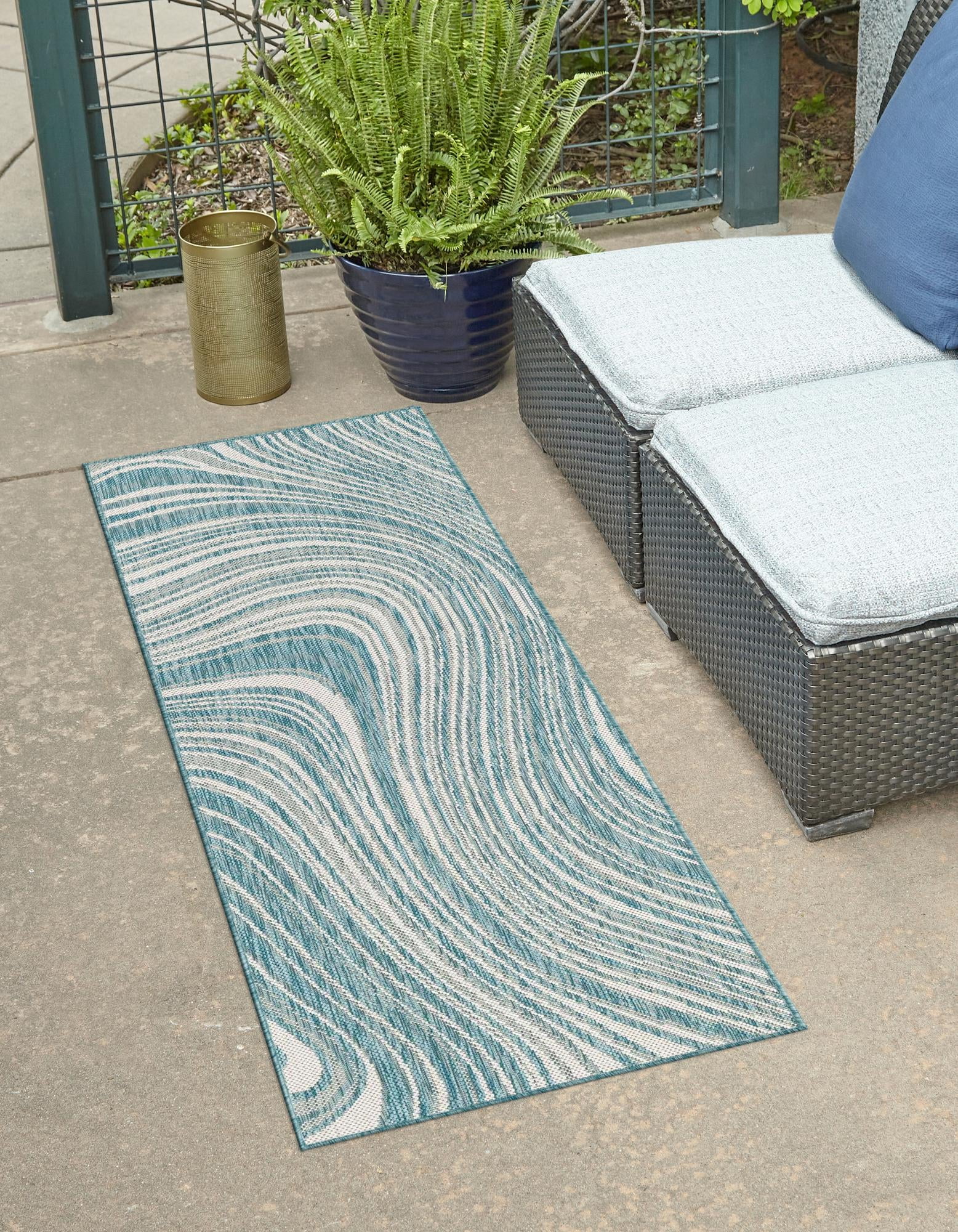 Light Aqua Abstract Flat Woven Outdoor Runner Rug