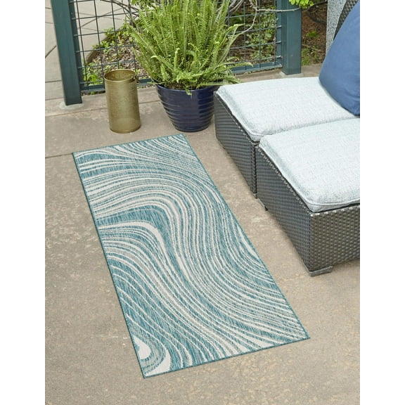 Unique Loom Outdoor Modern Collection Area Rug - Pool (2' x 6' 1" Runner Light Aqua/Blue)