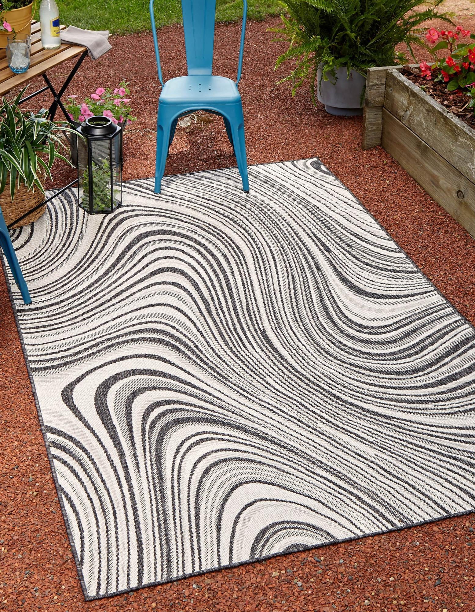 Unique Loom Outdoor Modern Collection Area Rug - Rippling (5' 3" X 8' Rectangle Light Blue/Navy Blue