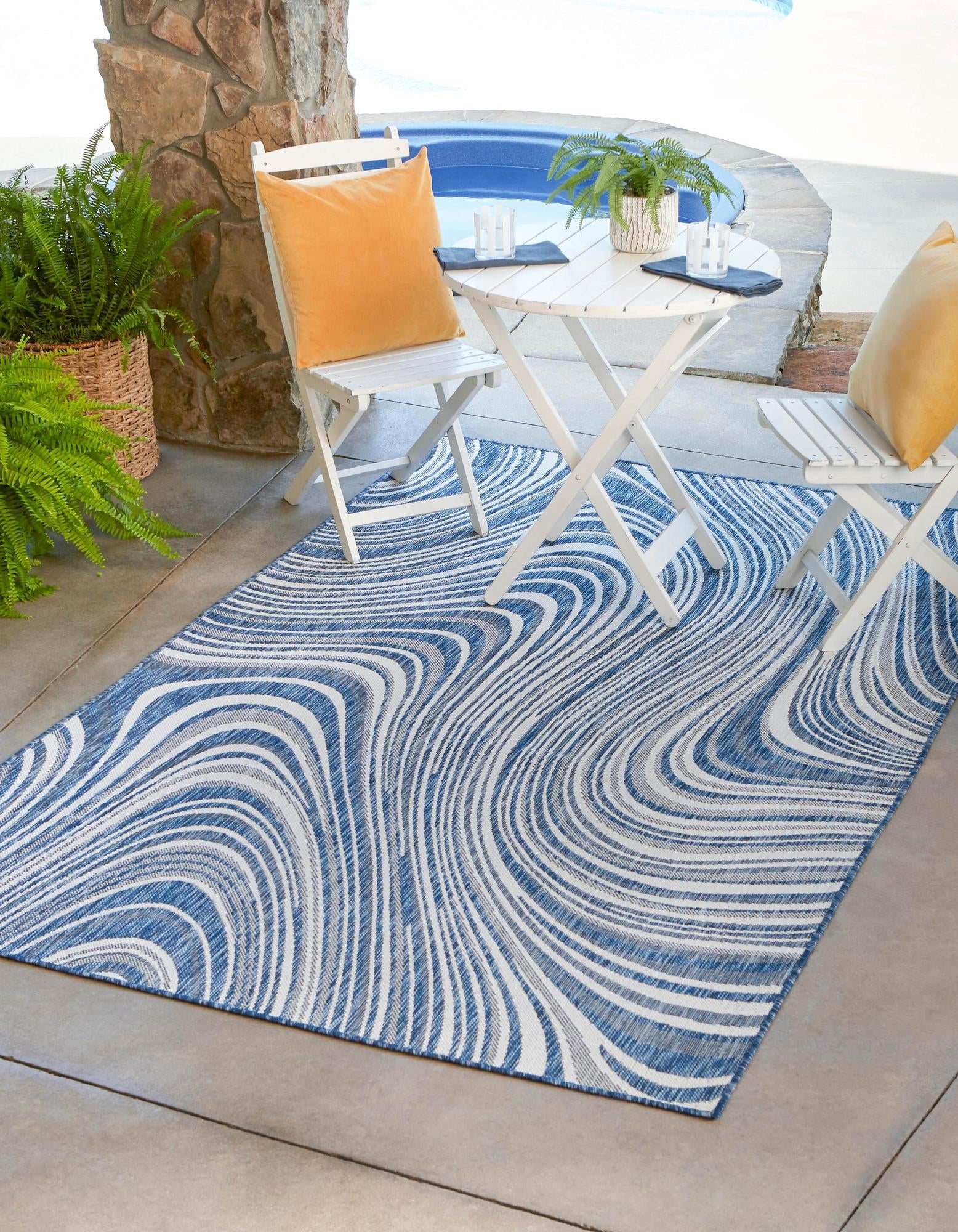 Blue and White Rectangular Outdoor Stain-Resistant Rug