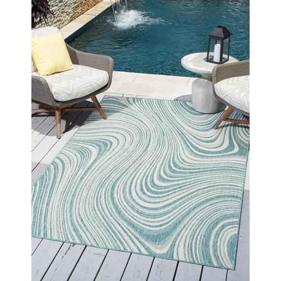 Unique Loom Outdoor Modern Collection Area Rug - Pool (7' 1" x 10' Rectangle Light Aqua/Blue)