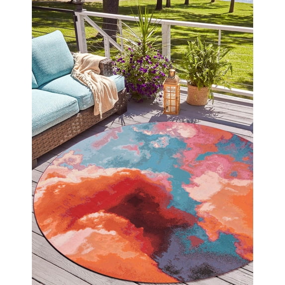 Unique Loom Outdoor Modern Collection Area Rug - Rayleigh (10' Round Gray and Pink/Orange)
