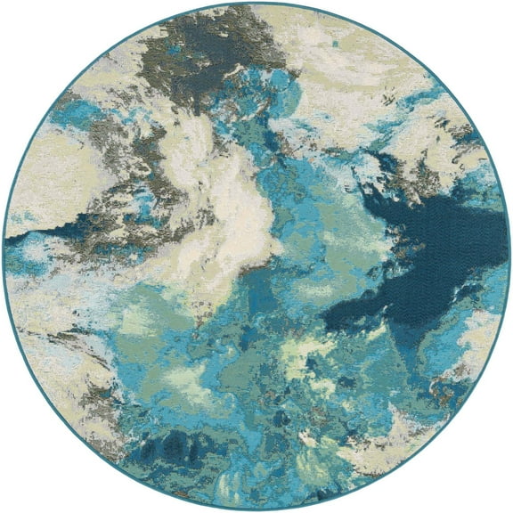 Unique Loom Outdoor Modern Collection Area Rug - Rip (5' 3" Round Blue and Ivory/Green)