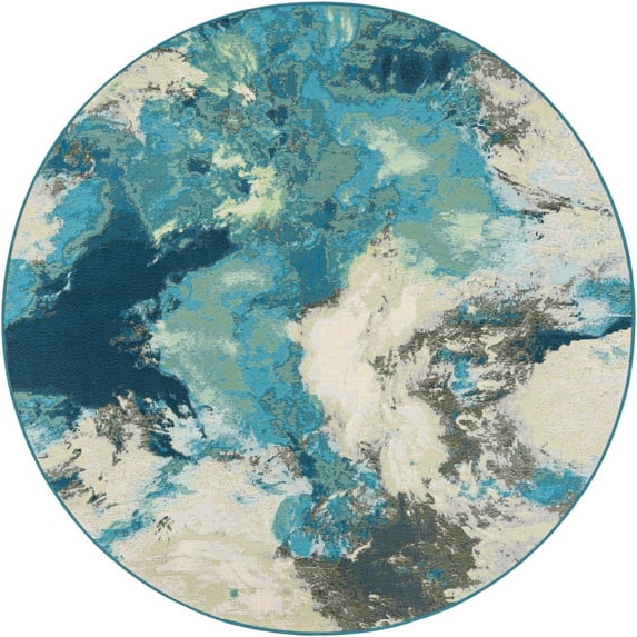 Unique Loom Outdoor Modern Collection Area Rug - Rip (6' 1" Round Blue and Ivory/Green)