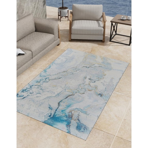 Unique Loom Outdoor Modern Collection Area Rug - Ripplet (10' x 14' 1" Rectangle Blue and Ivory/Olive)