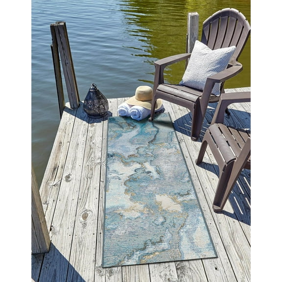 Unique Loom Outdoor Modern Collection Area Rug - Ripplet (2' x 8' Runner Blue and Ivory/Olive)