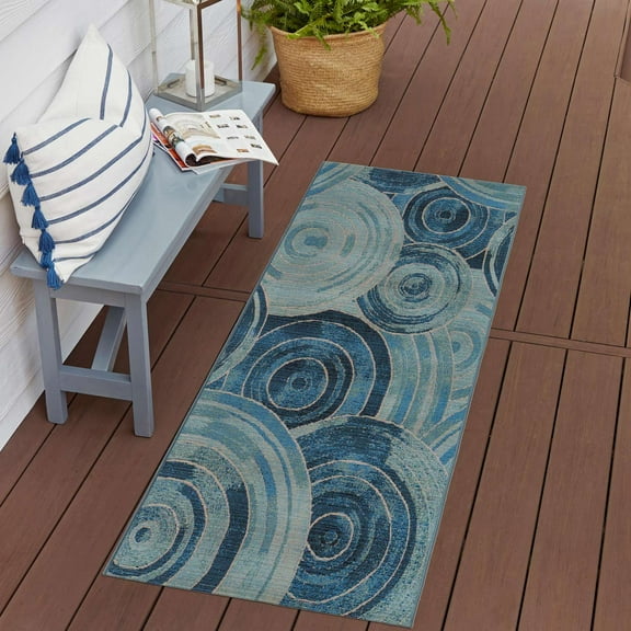 Unique Loom Outdoor Modern Collection Area Rug - Rippling (2' 7" x 5' 3" Runner Light Blue/Navy Blue)