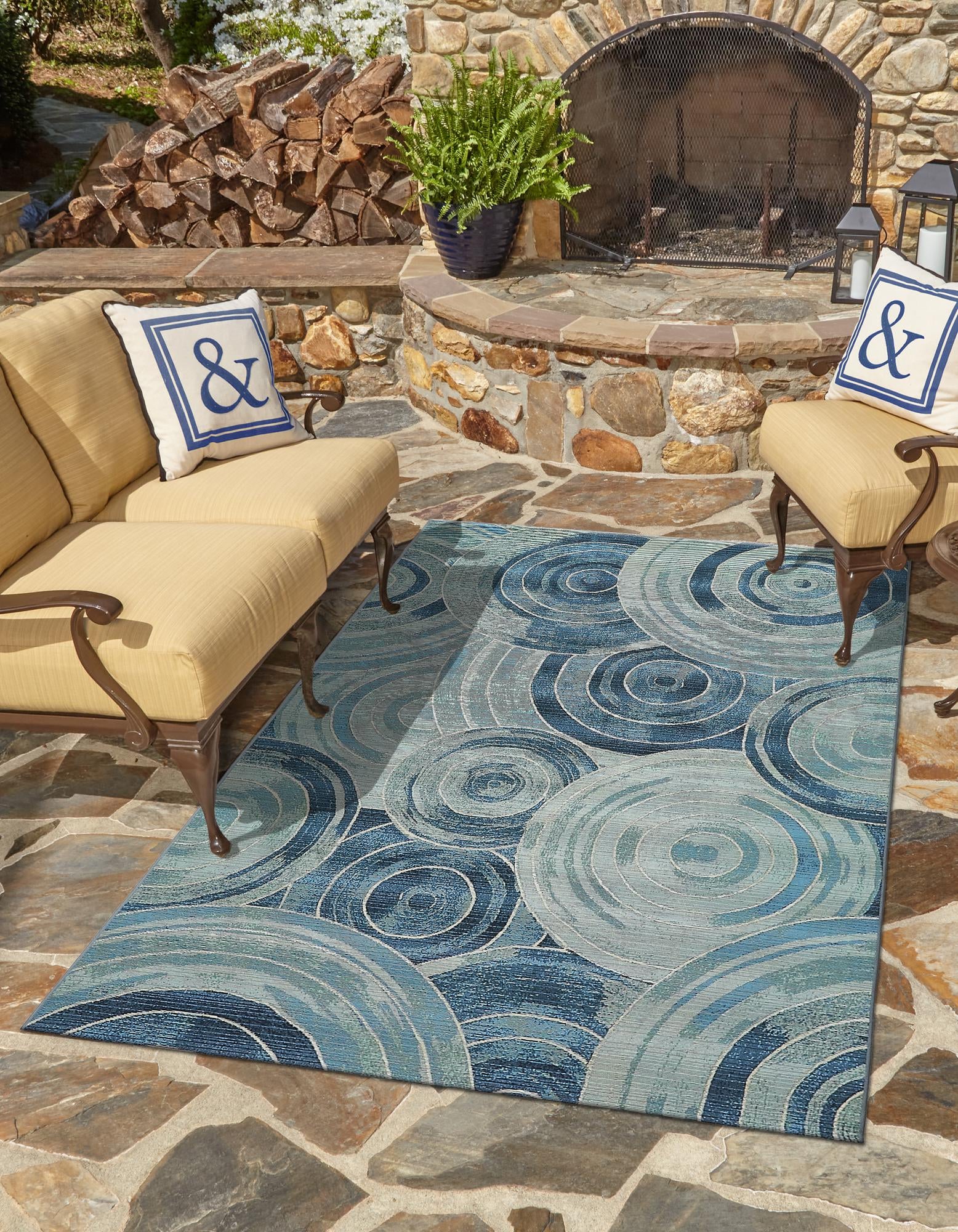 Unique Loom Outdoor Modern Collection Area Rug - Rippling (8' x 11' 4" Rectangle Light Blue/Navy Blue)