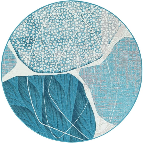 Unique Loom Outdoor Modern Collection Area Rug - Seaglass (5' 3" Round Blue and Ivory/Navy Blue)