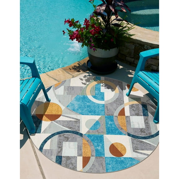 Unique Loom Outdoor Modern Collection Area Rug - Shapes (4' 1" Round Multi/Brown)