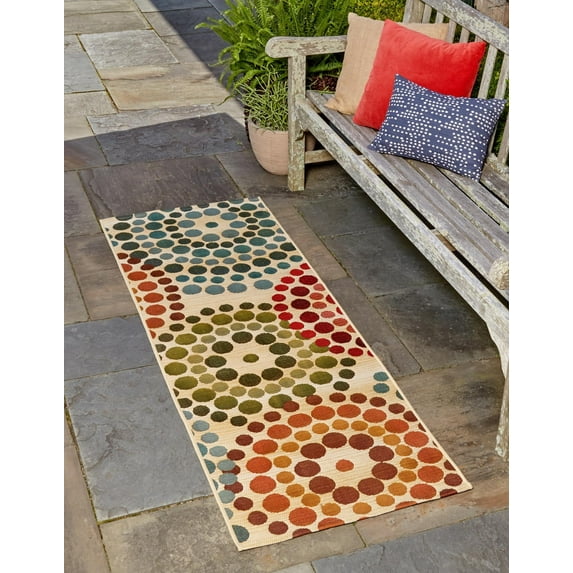 Unique Loom Outdoor Modern Collection Area Rug - Spark (2' 7" x 9' Runner Beige/Burgundy)