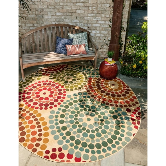 Unique Loom Outdoor Modern Collection Area Rug - Spark (8' Round Beige/Burgundy)