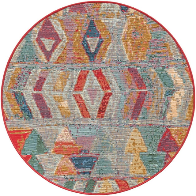 Unique Loom Outdoor Modern Collection Area Rug - Tamarindo (3' 1" Round Multi/Burgundy)