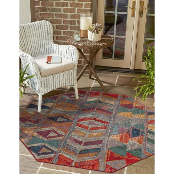 Unique Loom Outdoor Modern Collection Area Rug - Tamarindo (4' 1" Octagon Multi/Burgundy)