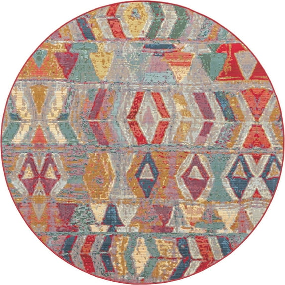 Unique Loom Outdoor Modern Collection Area Rug - Tamarindo (6' 1" Round Multi/Burgundy)