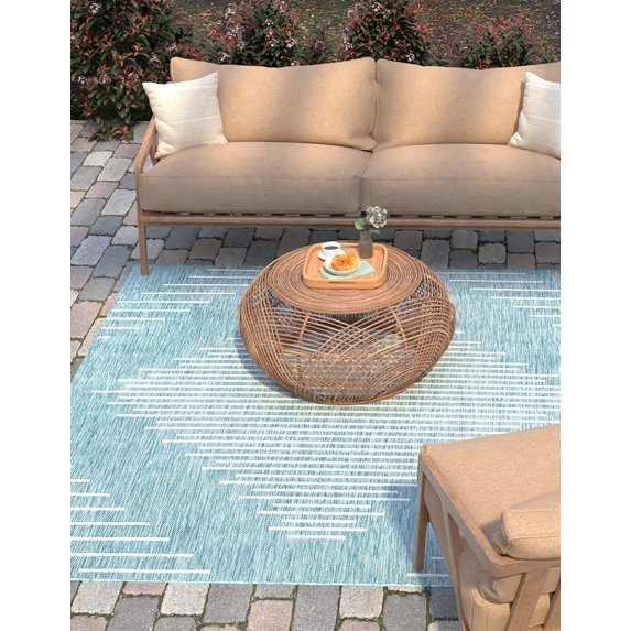 Unique Loom Outdoor Modern Collection Area Rug - Tambor (10' 8" Square Light Aqua/Ivory)