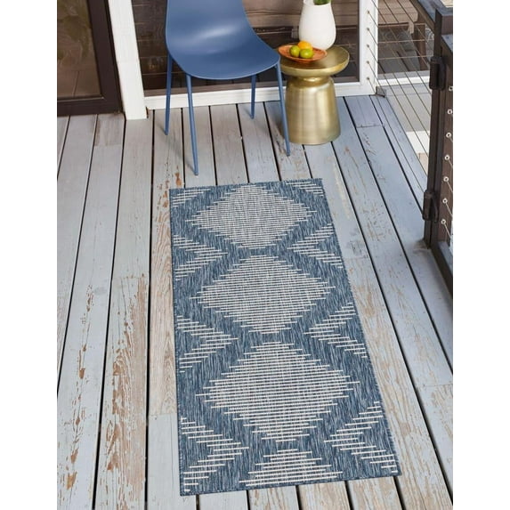 Unique Loom Outdoor Modern Collection Area Rug - Tambor (2' 7" x 8' Runner Blue/Ivory)