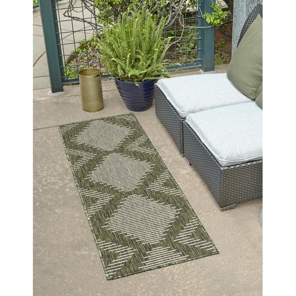 Unique Loom Outdoor Modern Collection Area Rug - Tambor (2' x 4' Runner Green/Ivory)