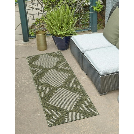 Unique Loom Outdoor Modern Collection Area Rug - Tambor (2' x 4' Runner Green/Ivory)