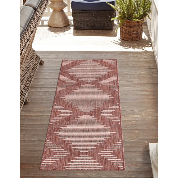 Unique Loom Outdoor Modern Collection Area Rug - Tambor (2' x 4' Runner Rust Red/Ivory)