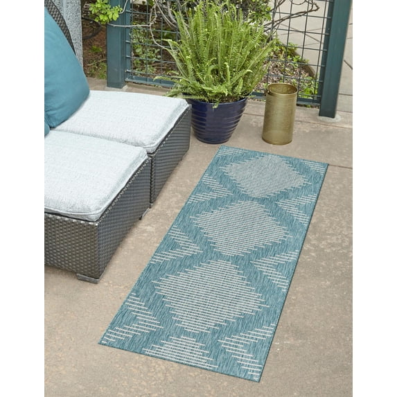 Unique Loom Outdoor Modern Collection Area Rug - Tambor (2' x 6' Runner Light Aqua/Ivory)