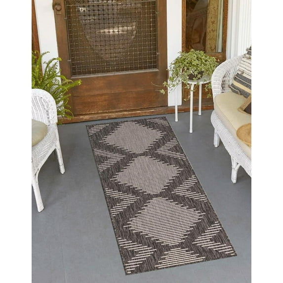 Unique Loom Outdoor Modern Collection Area Rug - Tambor (3' 3" x 12' Runner Charcoal Gray/Ivory)