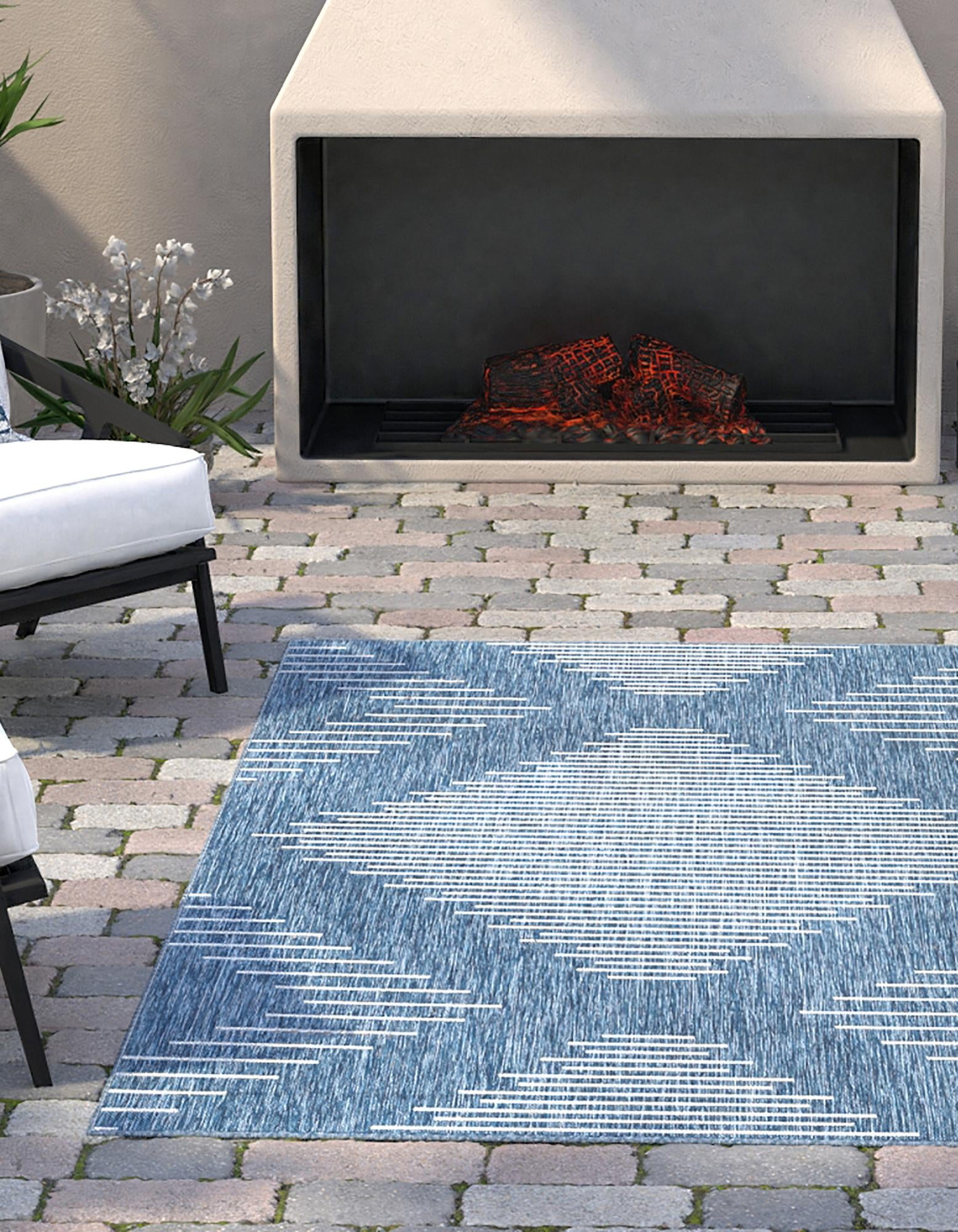 Blue Rectangular Stain-Resistant Synthetic Outdoor Rug 4' x 6'