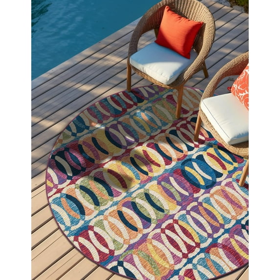 Unique Loom Outdoor Modern Collection Area Rug - Tiles (3' 3" Round Multi/Blue)