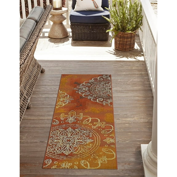 Unique Loom Outdoor Modern Collection Area Rug - Trio (2' 7" x 5' 3" Runner Rust Red/Gold)