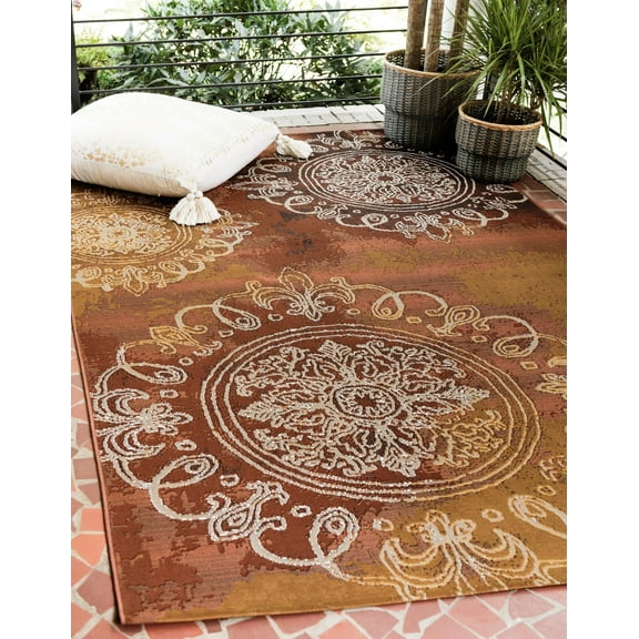 Unique Loom Outdoor Modern Collection Area Rug - Trio (8' x 11' 4" Rectangle Rust Red/Gold)