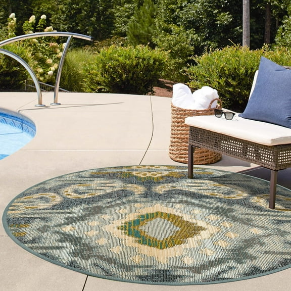 Unique Loom Outdoor Modern Collection Area Rug - Union (2' 7" Round Blue/Navy Blue)