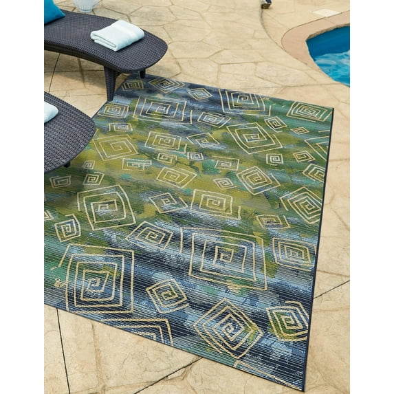 Unique Loom Outdoor Modern Collection Area Rug - Vortex (10' x 12' 2" Rectangle Blue/Beige)