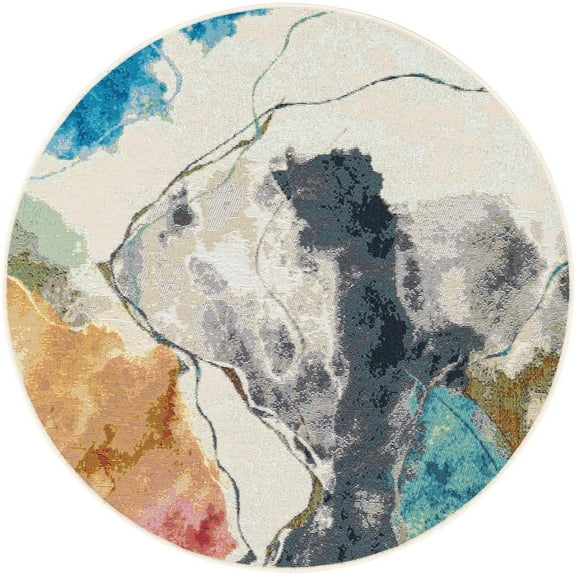 Unique Loom Outdoor Modern Collection Area Rug - Watercolor (4' 1" Round Multi/Black)