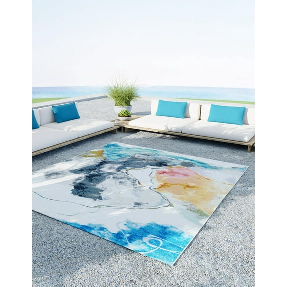 Unique Loom Outdoor Modern Collection Area Rug - Watercolor (5' 3" x 8' Rectangle Multi/Black)