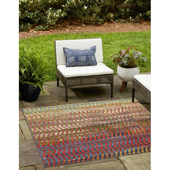 Unique Loom Outdoor Modern Collection Area Rug - Wavy (6' 1" Square Multi/Beige)