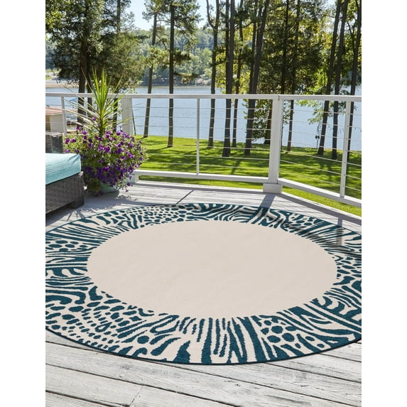 Unique Loom Outdoor Safari Collection Area Rug - Serengeti (6' 1" Round Ivory/Blue)