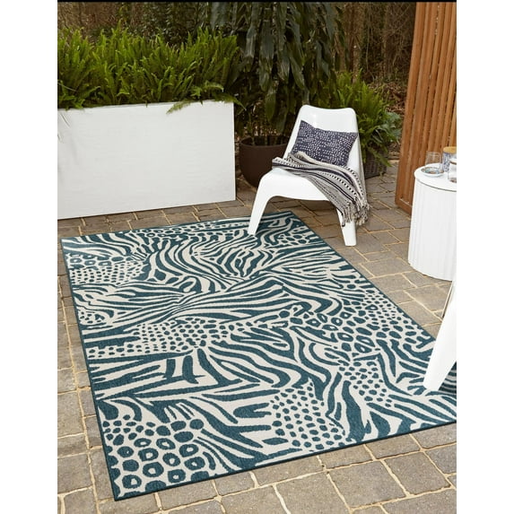 Unique Loom Outdoor Safari Collection Area Rug - Savanna (9' x 12' Rectangle Navy Blue and Ivory/Ivory)