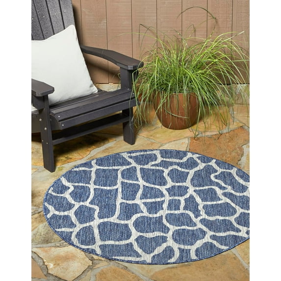 Unique Loom Outdoor Safari Collection Area Rug - Giraffe (4' 1" Round Blue/Gray)