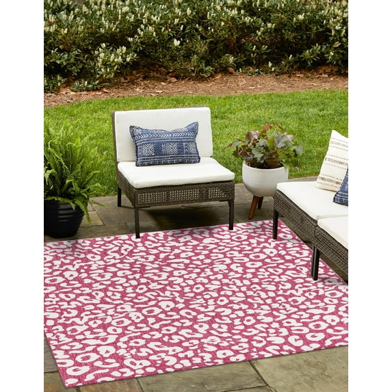 Unique Loom Outdoor Safari Collection Area Rug - Leopard (10' Square Magenta/Ivory)
