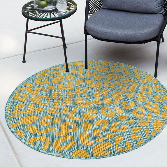 Unique Loom Outdoor Safari Collection Area Rug - Leopard (13' 1" Round Blue Yellow/Blue)