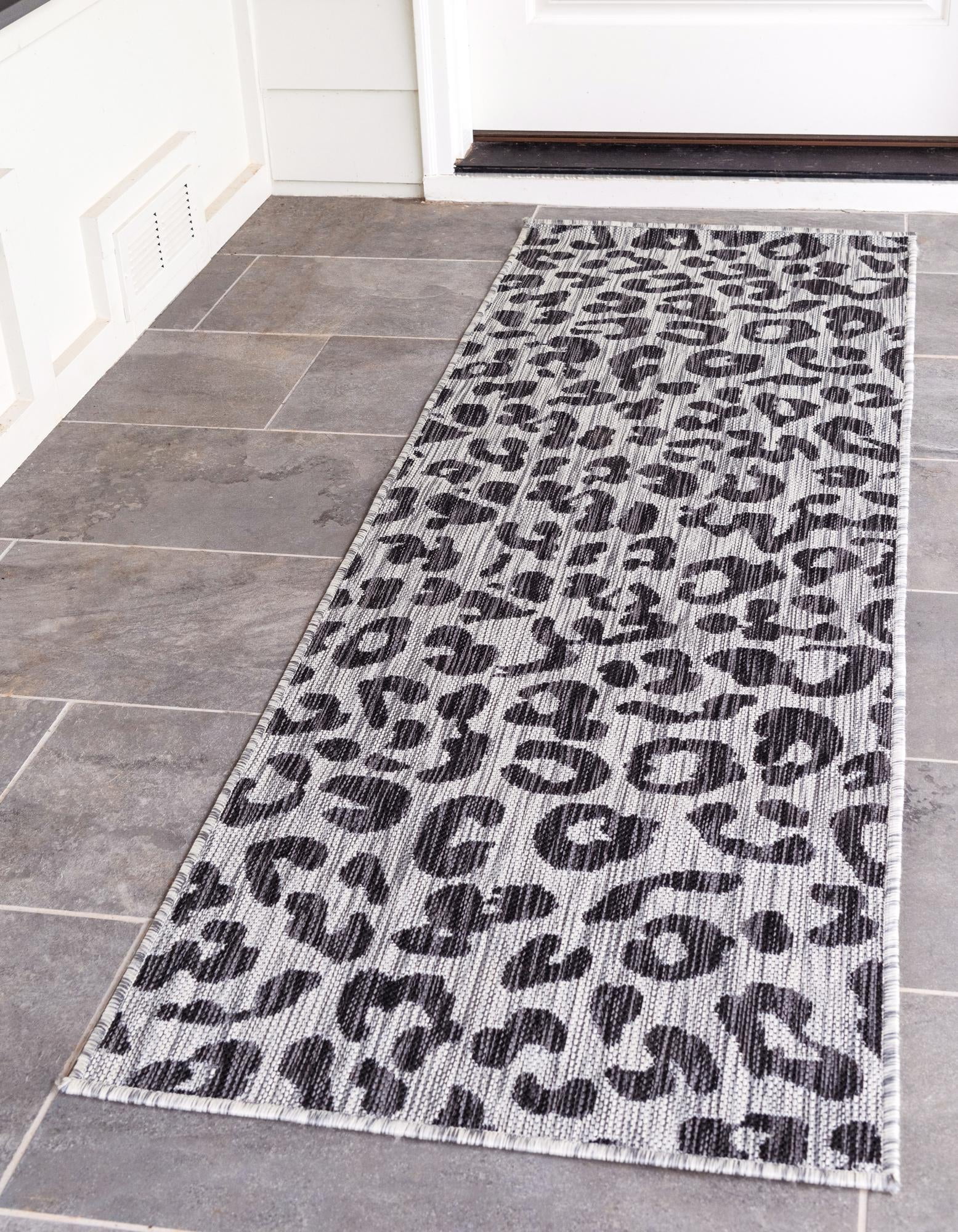 Light Gray and Black Abstract Animal Print Outdoor Runner Rug
