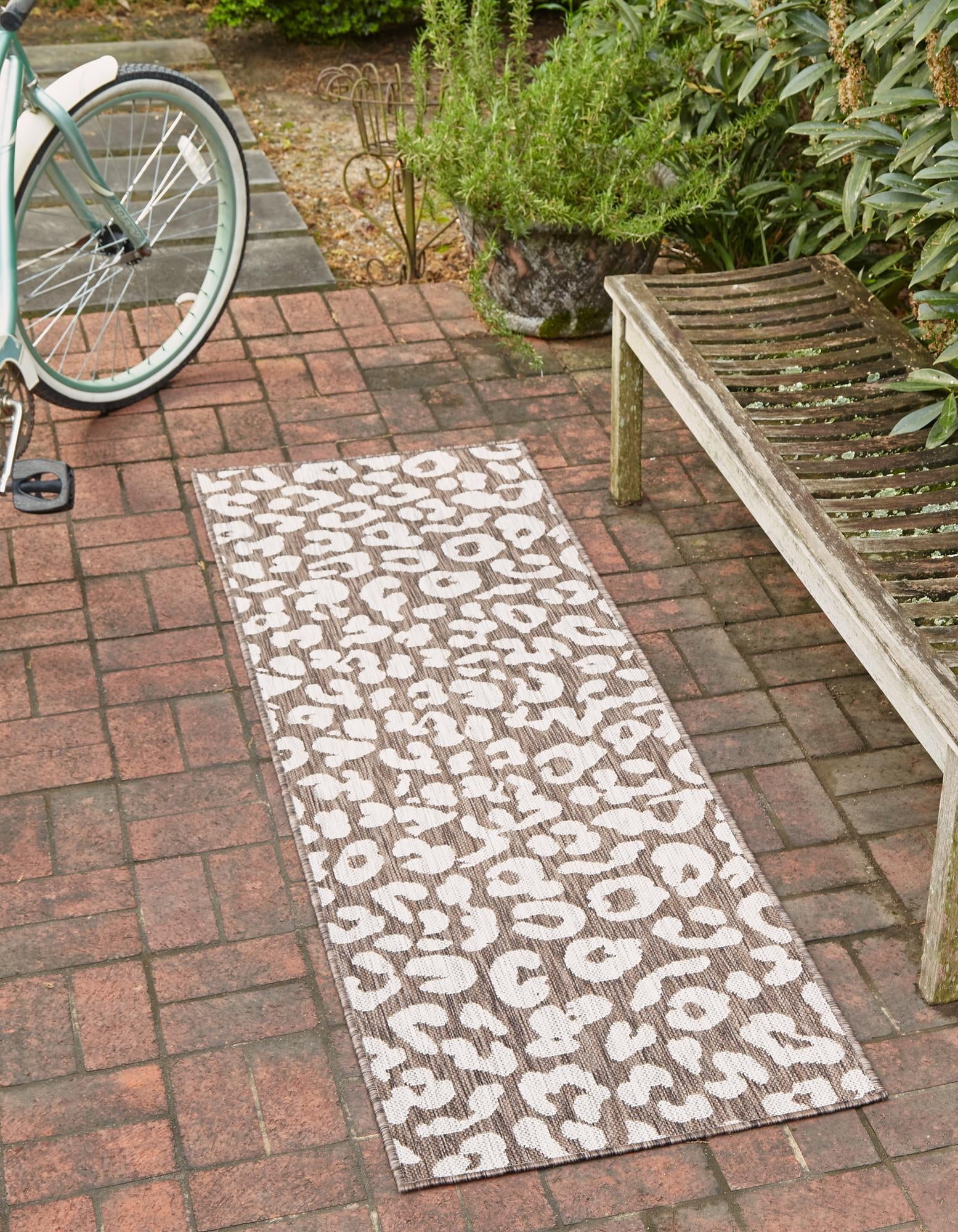 Brown and White Synthetic Outdoor Runner Rug