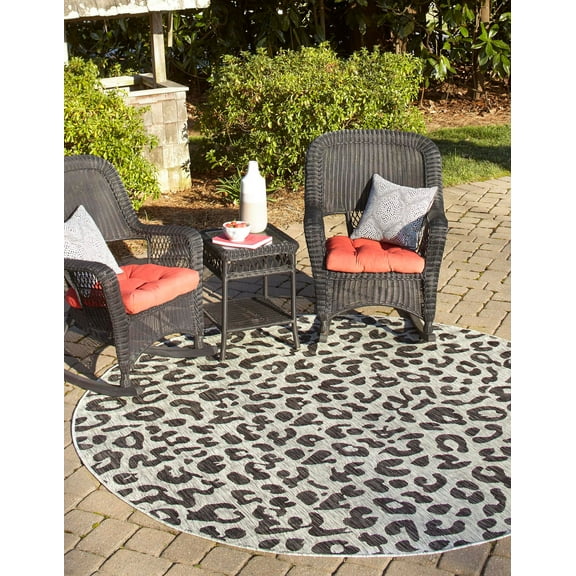 Unique Loom Outdoor Safari Collection Area Rug - Leopard (3' 3" Round Light Gray/Gray)
