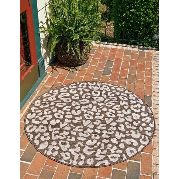 Unique Loom Outdoor Safari Collection Area Rug - Leopard (3' Round Brown/Light Brown)